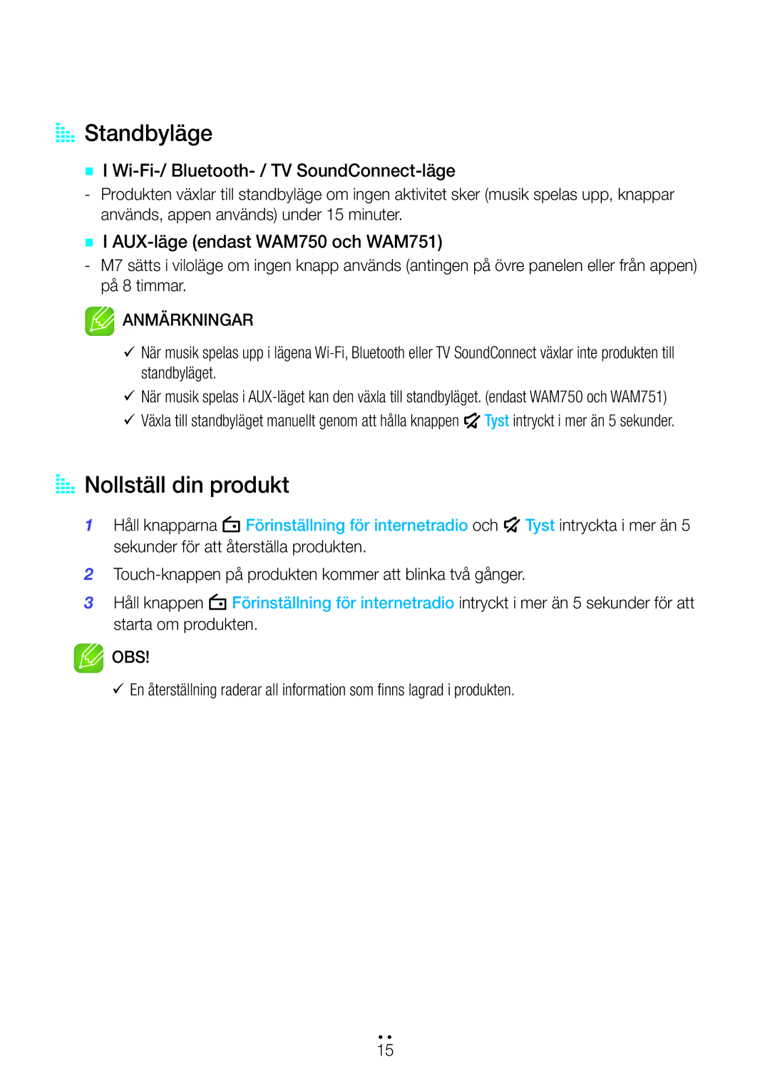 Samsung WAM750/XE, WAM551/XN manual AA Standbyläge, AA Nollställ din produkt, `` I Wi-Fi-/ Bluetooth- / TV SoundConnect-läge 