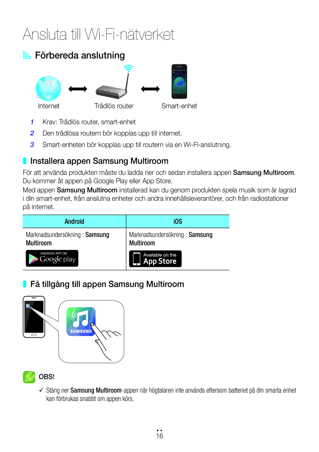 Samsung WAM551/XN, WAM551/XE Ansluta till Wi-Fi-nätverket, AA Förbereda anslutning, Installera appen Samsung Multiroom 