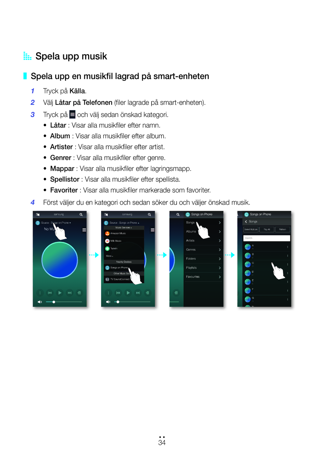 Samsung WAM751/XE, WAM551/XN, WAM551/XE, WAM550/XE manual AA Spela upp musik, Spela upp en musikfil lagrad på smart-enheten 