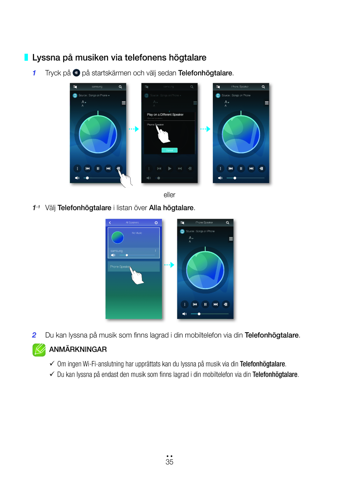 Samsung WAM550/XE, WAM551/XN, WAM551/XE, WAM751/XE, WAM551/XU, WAM351/XE, WAM350/XE Lyssna på musiken via telefonens högtalare 