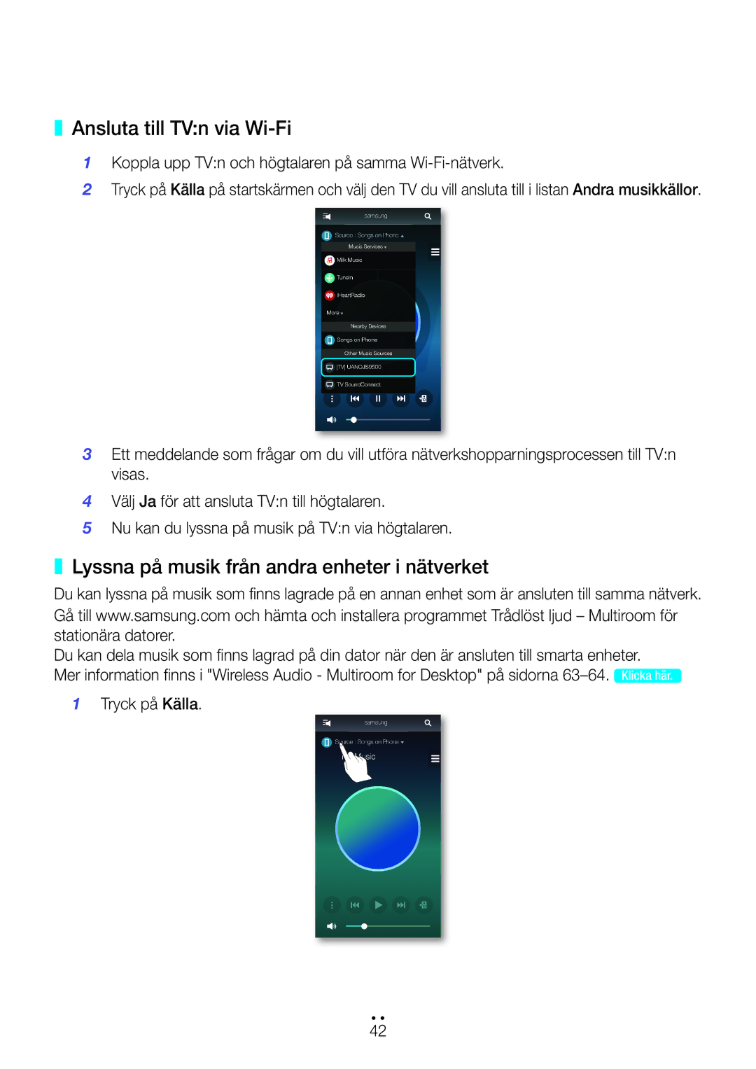 Samsung WAM751/XE, WAM551/XN, WAM551/XE manual Ansluta till TVn via Wi-Fi, Lyssna på musik från andra enheter i nätverket 