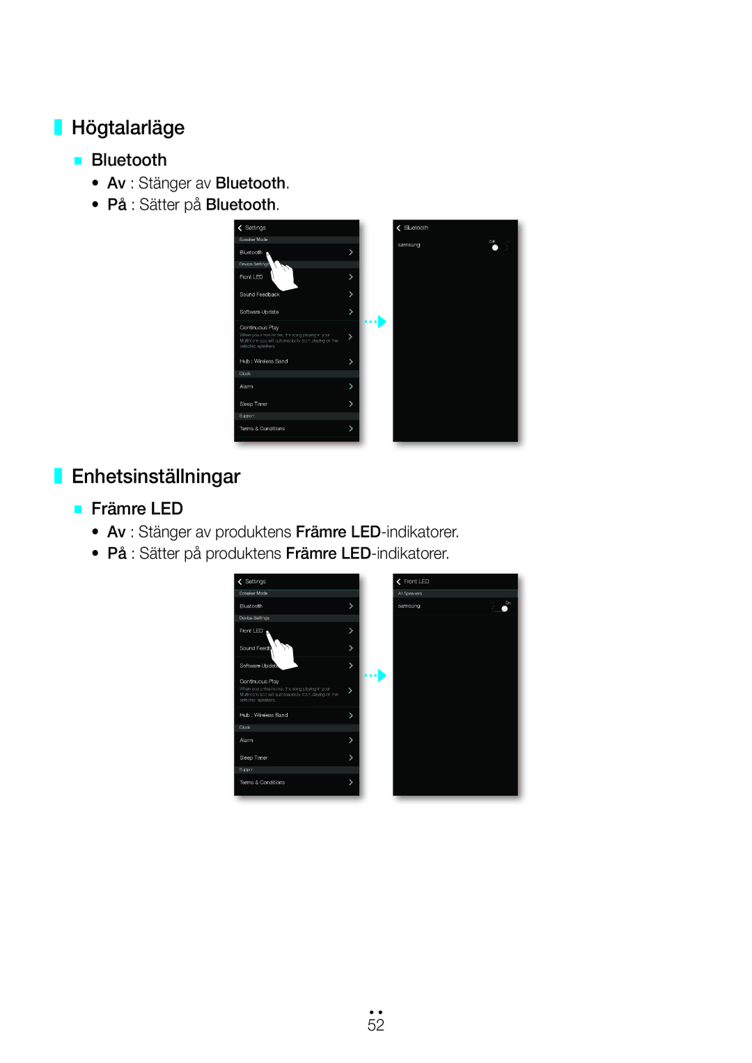 Samsung WAM551/XU, WAM551/XN, WAM551/XE, WAM751/XE, WAM550/XE Högtalarläge, Enhetsinställningar, `` Bluetooth, `` Främre LED 