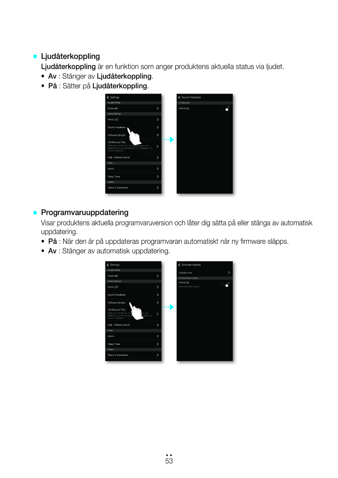 Samsung WAM351/XE, WAM551/XN, WAM551/XE, WAM751/XE, WAM550/XE, WAM551/XU manual `` Ljudåterkoppling, `` Programvaruuppdatering 