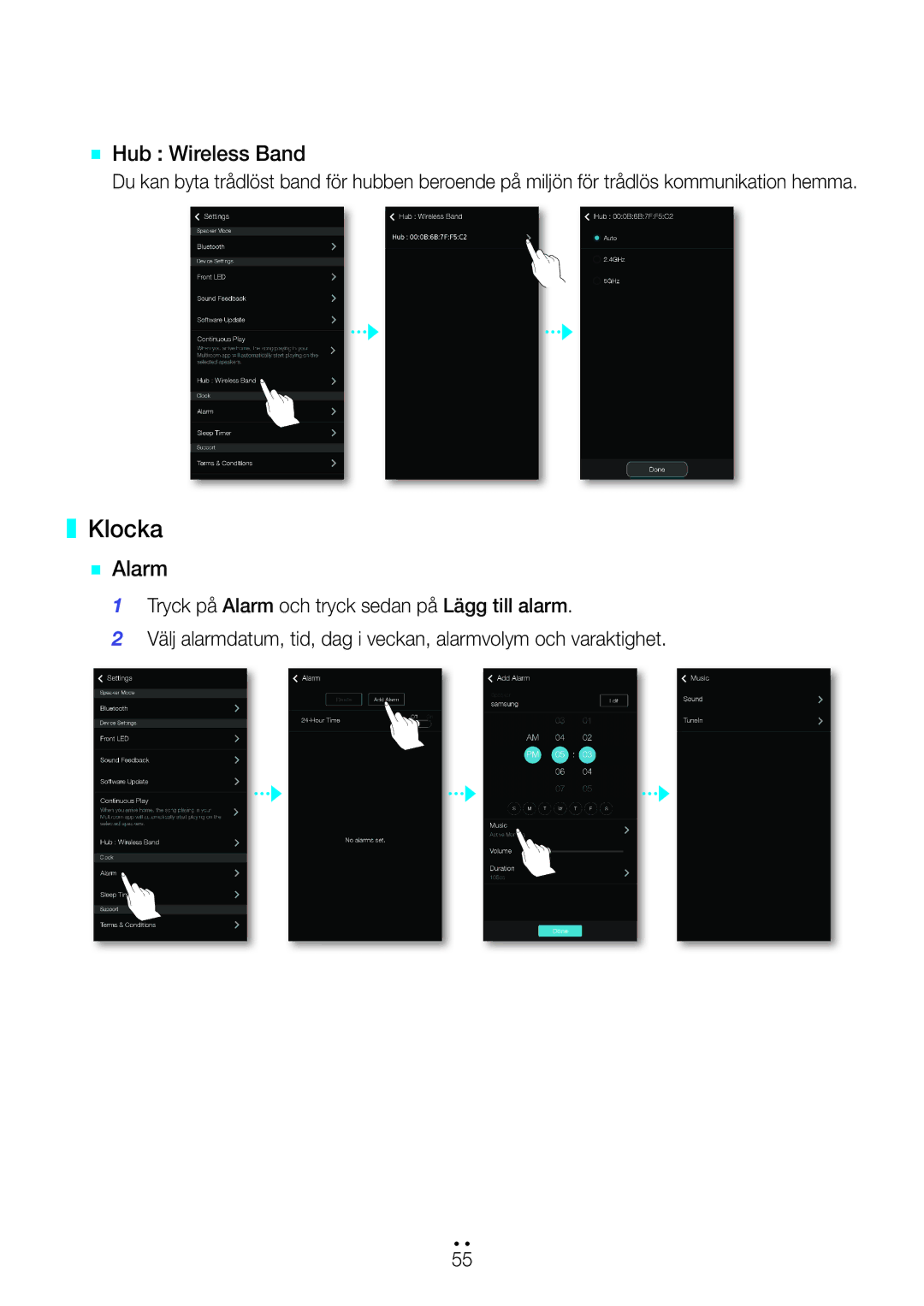 Samsung WAM750/XE, WAM551/XN, WAM551/XE, WAM751/XE, WAM550/XE, WAM551/XU, WAM351/XE manual Klocka, `` Hub Wireless Band, `` Alarm 