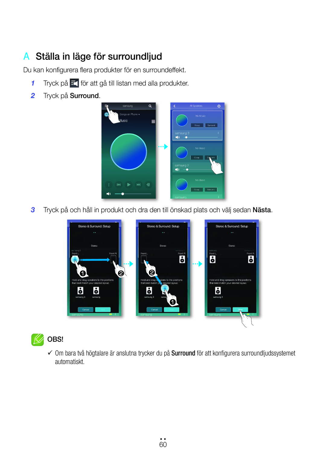 Samsung WAM551/XU, WAM551/XN, WAM551/XE, WAM751/XE, WAM550/XE, WAM351/XE, WAM350/XE manual AA Ställa in läge för surroundljud 