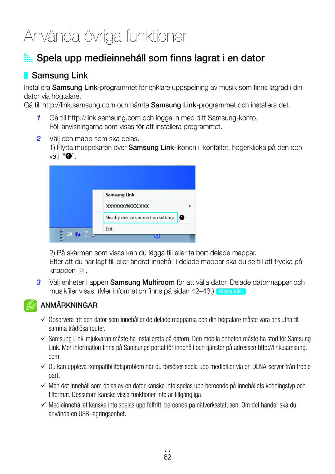 Samsung WAM350/XE manual Använda övriga funktioner, AA Spela upp medieinnehåll som finns lagrat i en dator, Samsung Link 