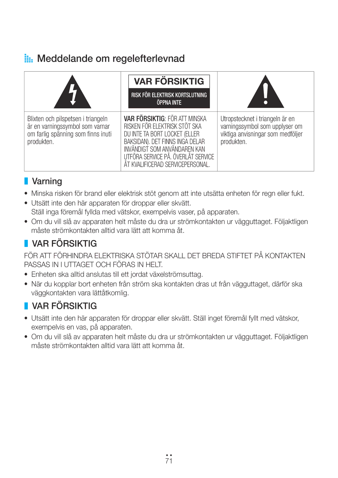 Samsung WAM750/XE, WAM551/XN manual AA Meddelande om regelefterlevnad, Varning, Utropstecknet i triangeln är en, Produkten 