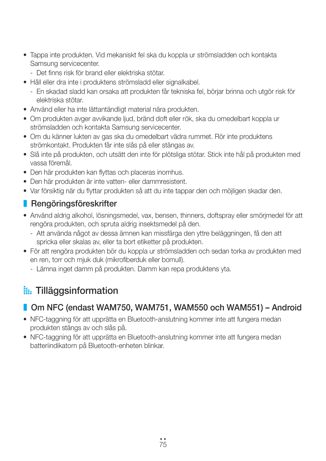 Samsung WAM550/XE AA Tilläggsinformation, Rengöringsföreskrifter, Om NFC endast WAM750, WAM751, WAM550 och WAM551 Android 