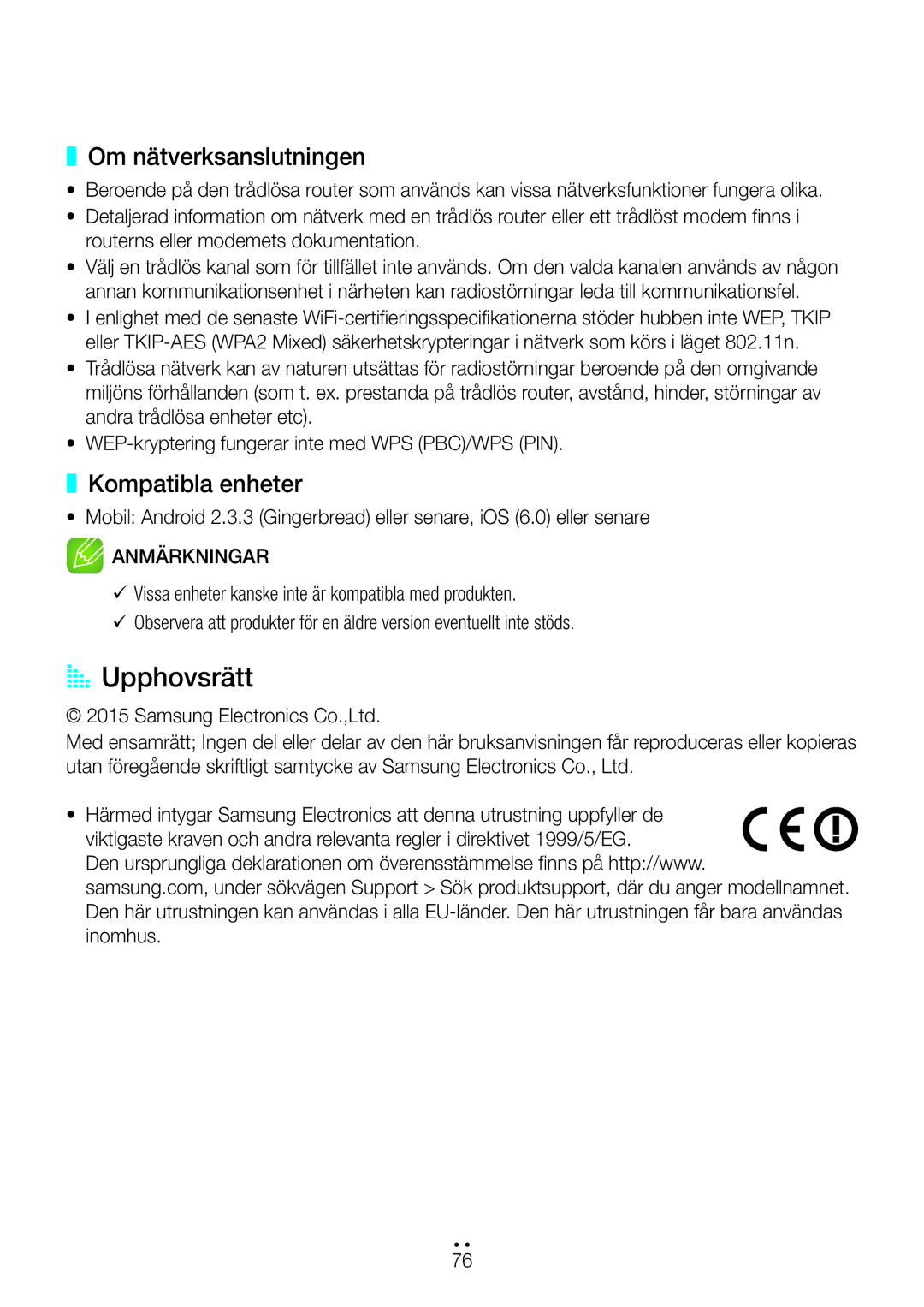 Samsung WAM551/XU, WAM551/XN, WAM551/XE, WAM751/XE, WAM550/XE AA Upphovsrätt, Om nätverksanslutningen, Kompatibla enheter 