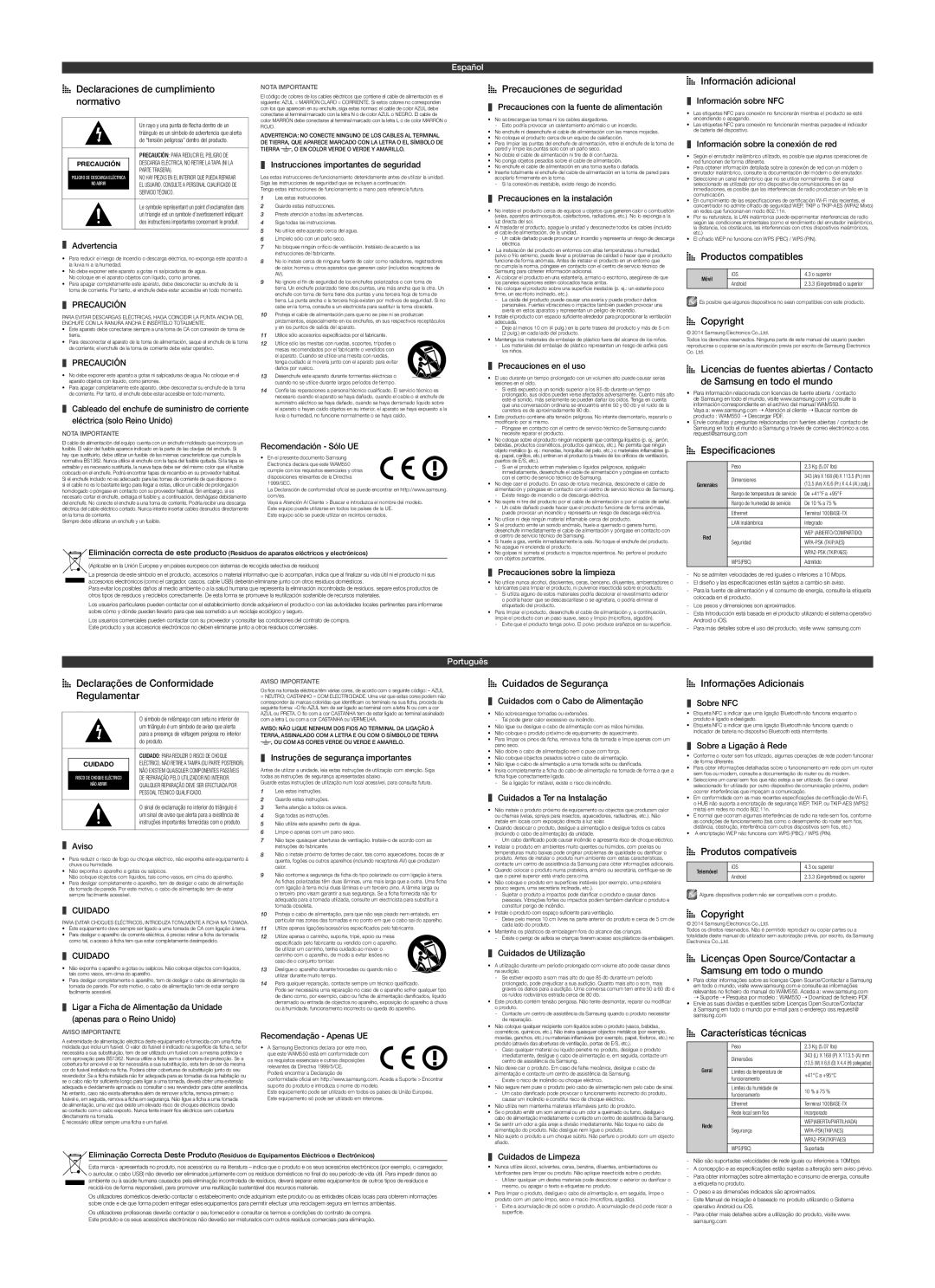 Samsung WAM551/ZF manual AA Declaraciones de cumplimiento normativo, AA Precauciones de seguridad, AA Información adicional 