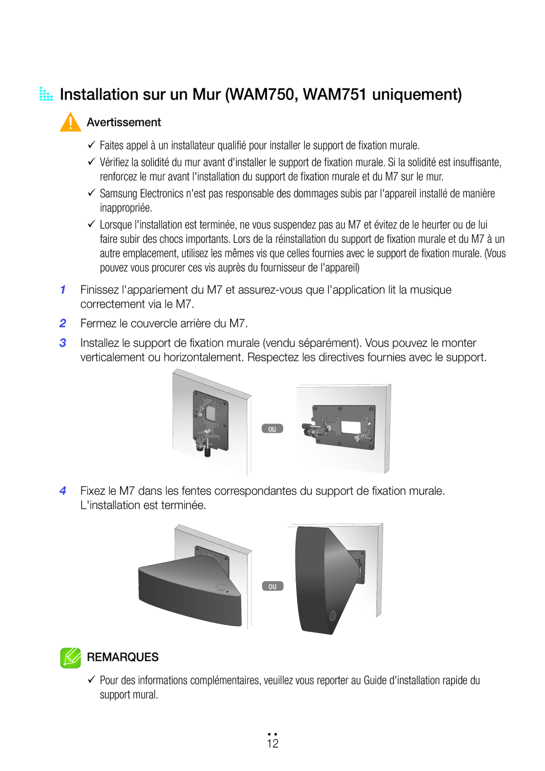 Samsung WAM551/ZF, WAM751/ZF, WAM750/ZF, WAM351/ZF, WAM550/ZF, WAM350/ZF AA Installation sur un Mur WAM750, WAM751 uniquement 