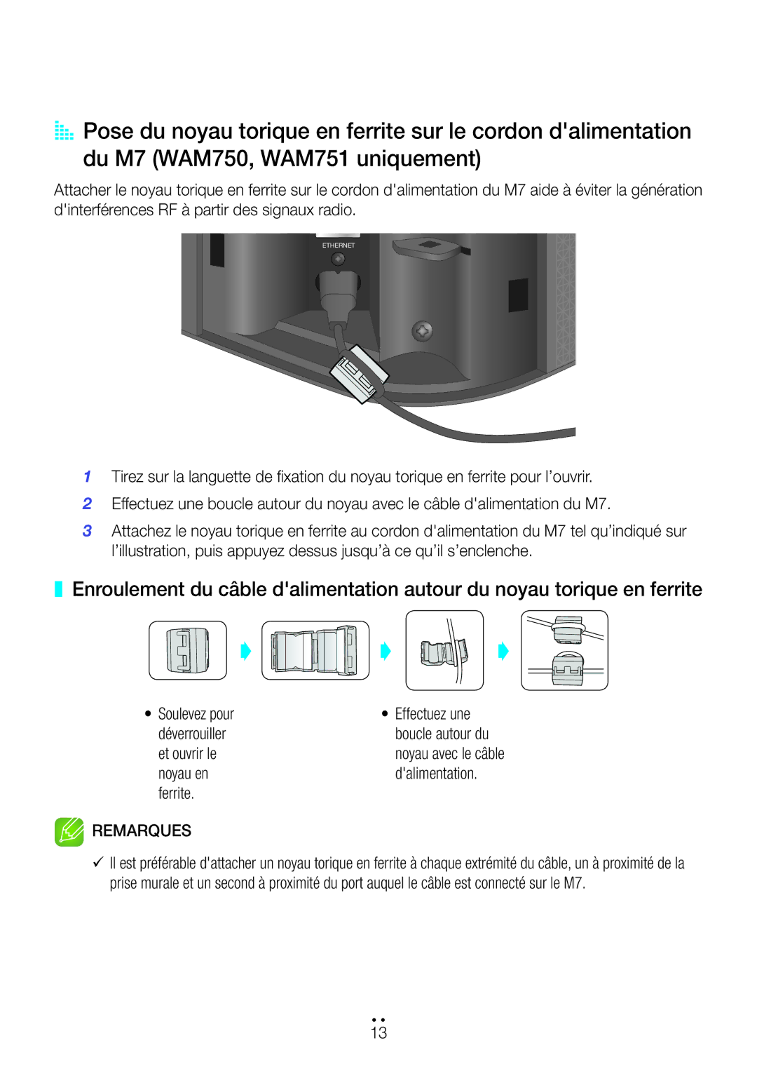 Samsung WAM751/ZF, WAM551/ZF manual Soulevez pour Effectuez une Déverrouiller, Et ouvrir le, Noyau en Dalimentation Ferrite 