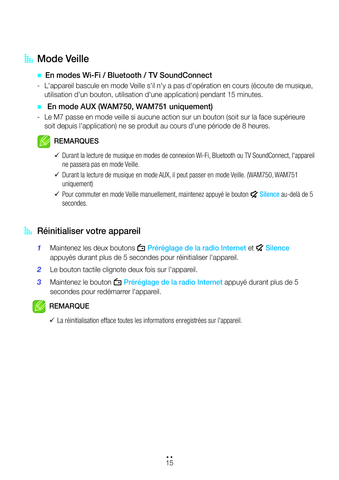 Samsung WAM351/ZF manual AA Mode Veille, AA Réinitialiser votre appareil, `` En modes Wi-Fi / Bluetooth / TV SoundConnect 