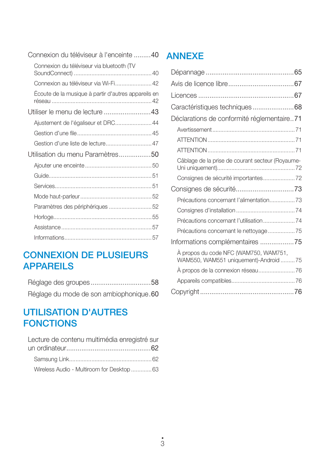 Samsung WAM351/ZF, WAM551/ZF, WAM751/ZF, WAM750/ZF, WAM550/ZF, WAM350/ZF manual Connexion de plusieurs appareils 