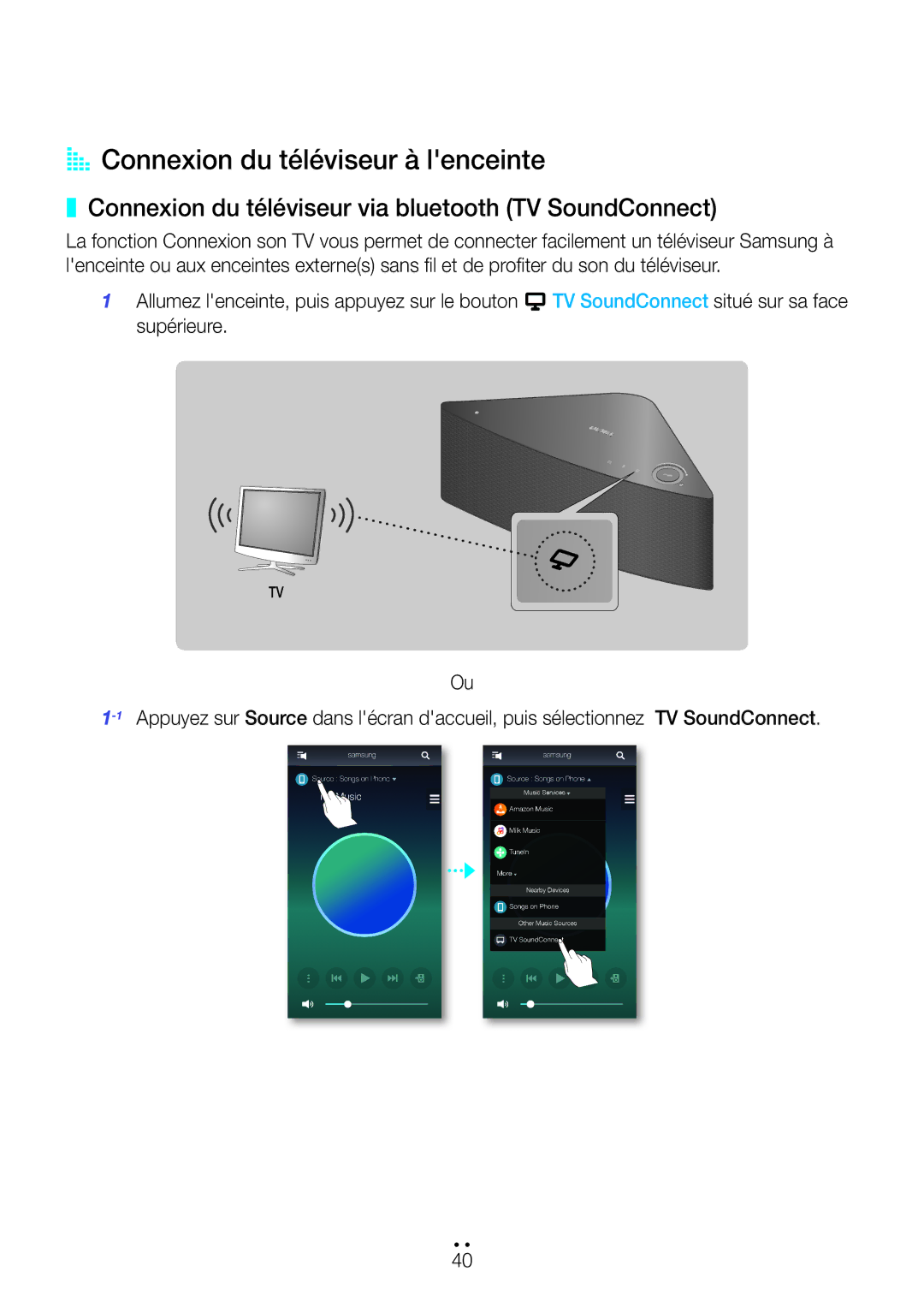 Samsung WAM550/ZF, WAM551/ZF AA Connexion du téléviseur à lenceinte, Connexion du téléviseur via bluetooth TV SoundConnect 