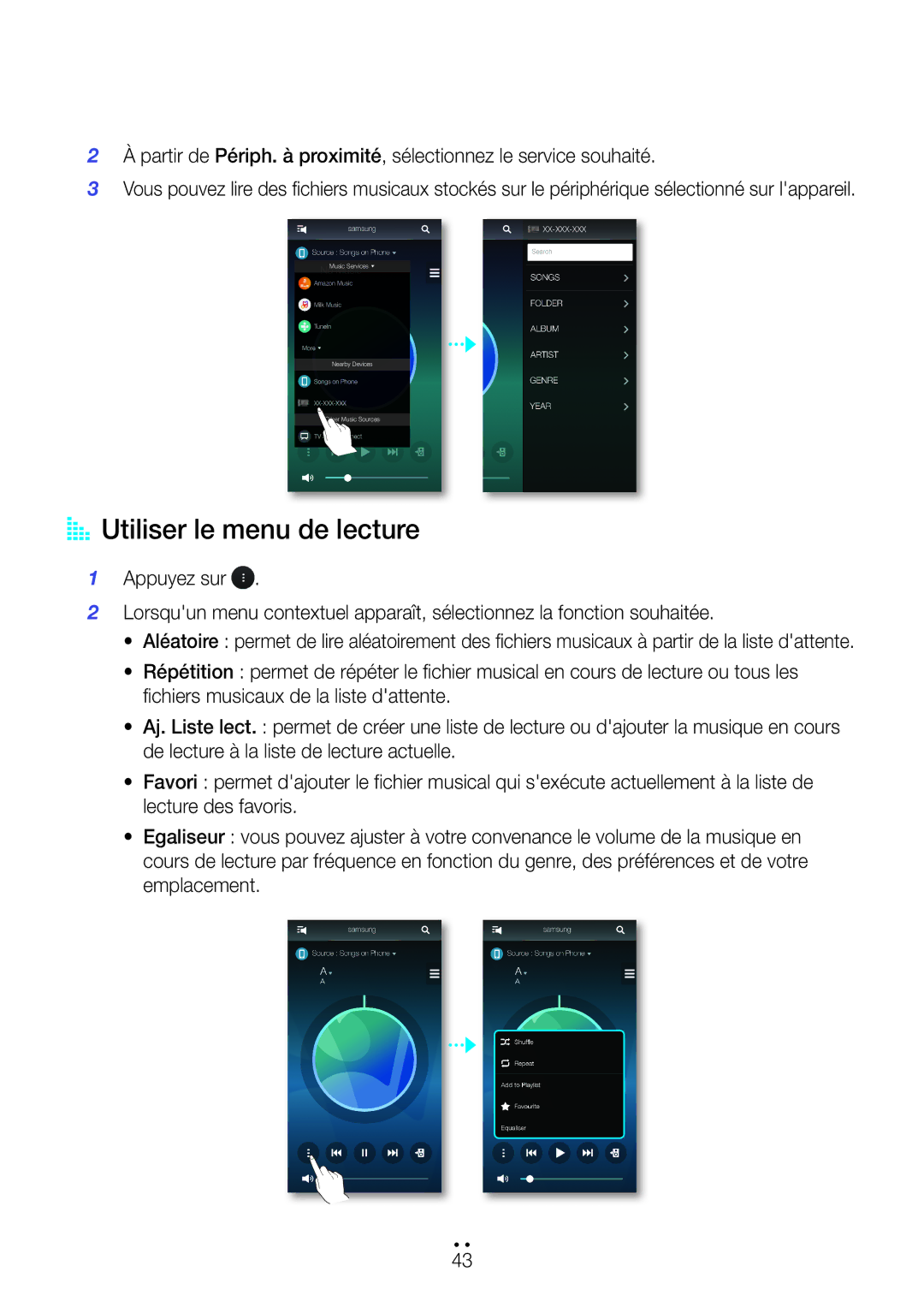 Samsung WAM751/ZF, WAM551/ZF, WAM750/ZF, WAM351/ZF, WAM550/ZF, WAM350/ZF manual AA Utiliser le menu de lecture, Xx-Xxx-Xxx 