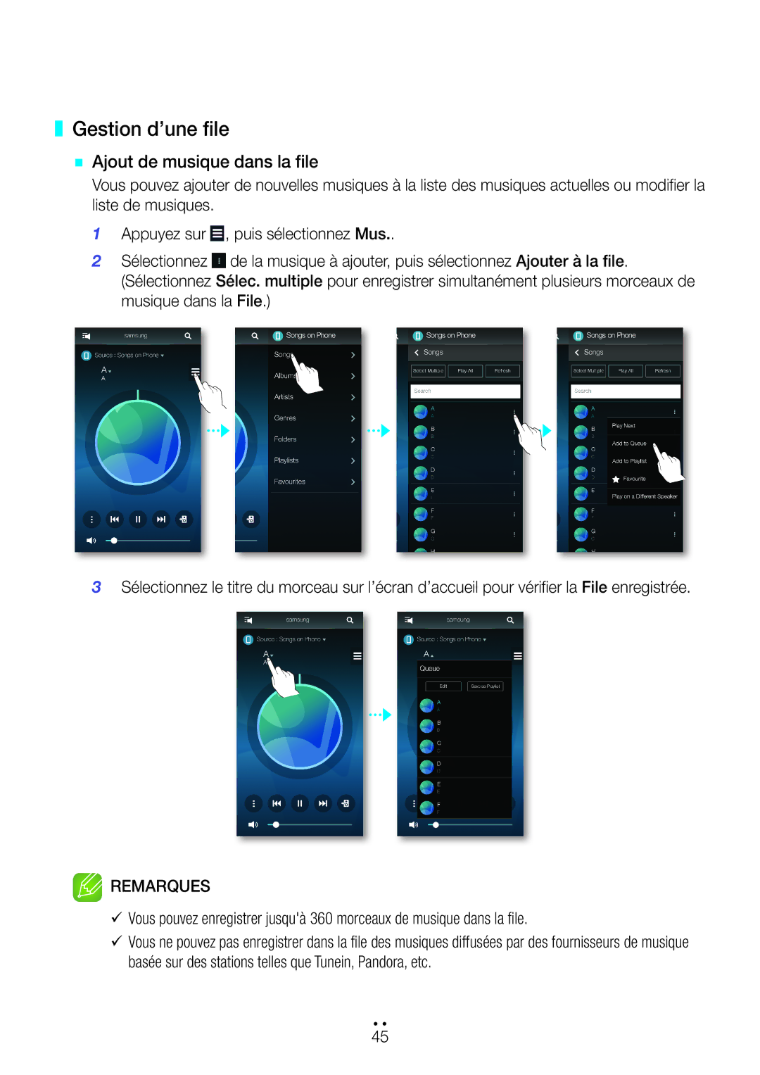 Samsung WAM351/ZF, WAM551/ZF, WAM751/ZF, WAM750/ZF, WAM550/ZF, WAM350/ZF Gestion d’une file, `` Ajout de musique dans la file 