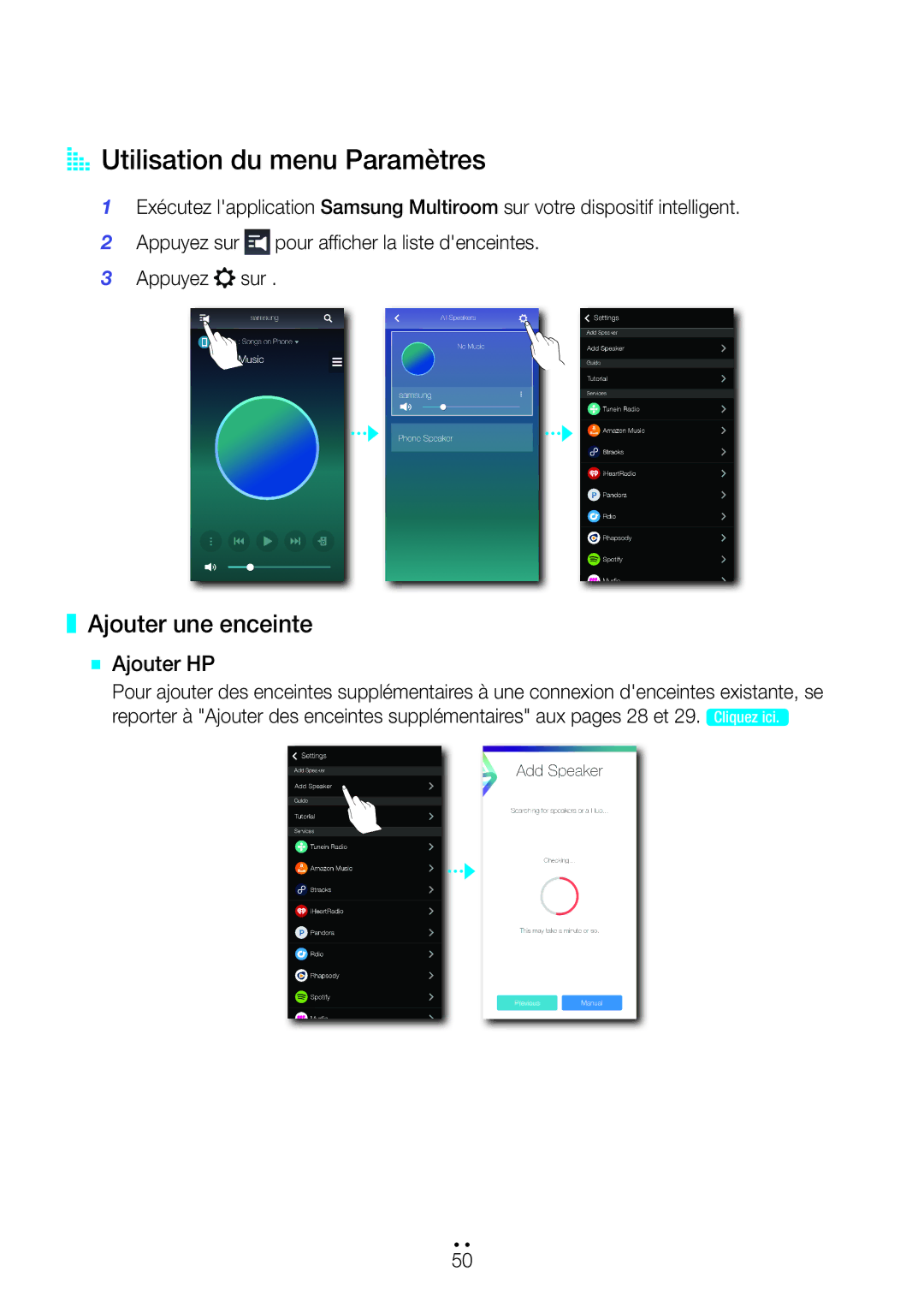 Samsung WAM750/ZF, WAM551/ZF, WAM751/ZF, WAM351/ZF AA Utilisation du menu Paramètres, Ajouter une enceinte `` Ajouter HP 