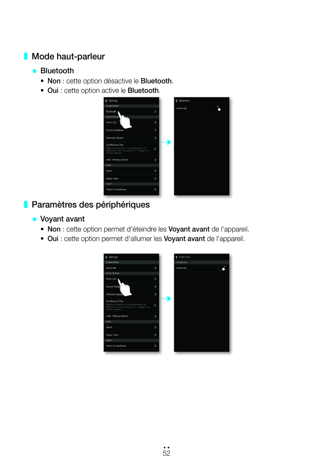 Samsung WAM550/ZF, WAM551/ZF, WAM751/ZF manual Mode haut-parleur, Paramètres des périphériques `` Voyant avant, `` Bluetooth 