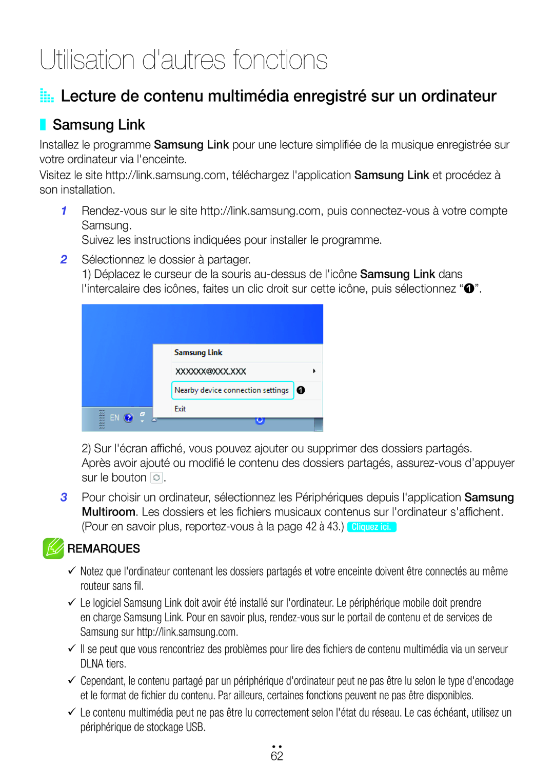 Samsung WAM750/ZF, WAM551/ZF, WAM751/ZF, WAM351/ZF, WAM550/ZF, WAM350/ZF manual Utilisation dautres fonctions, Samsung Link 