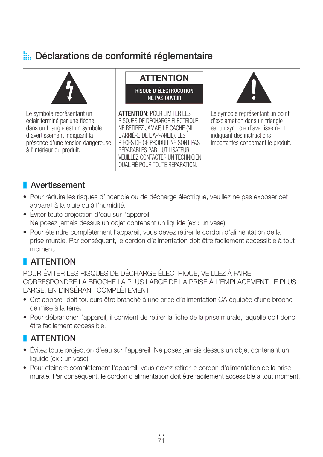 Samsung WAM350/ZF, WAM551/ZF, WAM751/ZF, WAM750/ZF, WAM351/ZF manual AA Déclarations de conformité réglementaire, Avertissement 