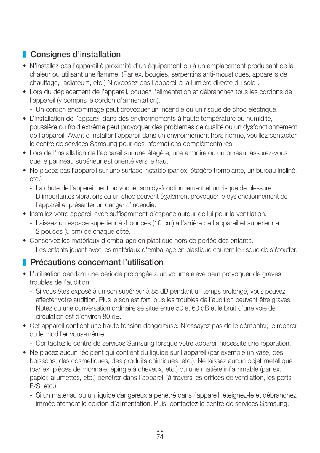 Samsung WAM750/ZF, WAM551/ZF, WAM751/ZF, WAM351/ZF, WAM550/ZF Consignes d’installation, Précautions concernant l’utilisation 