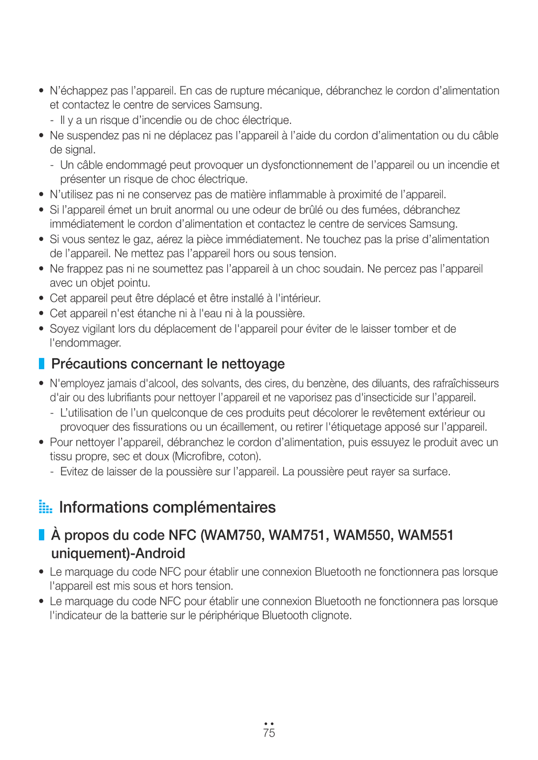 Samsung WAM351/ZF, WAM551/ZF, WAM751/ZF, WAM750/ZF manual AA Informations complémentaires, Précautions concernant le nettoyage 