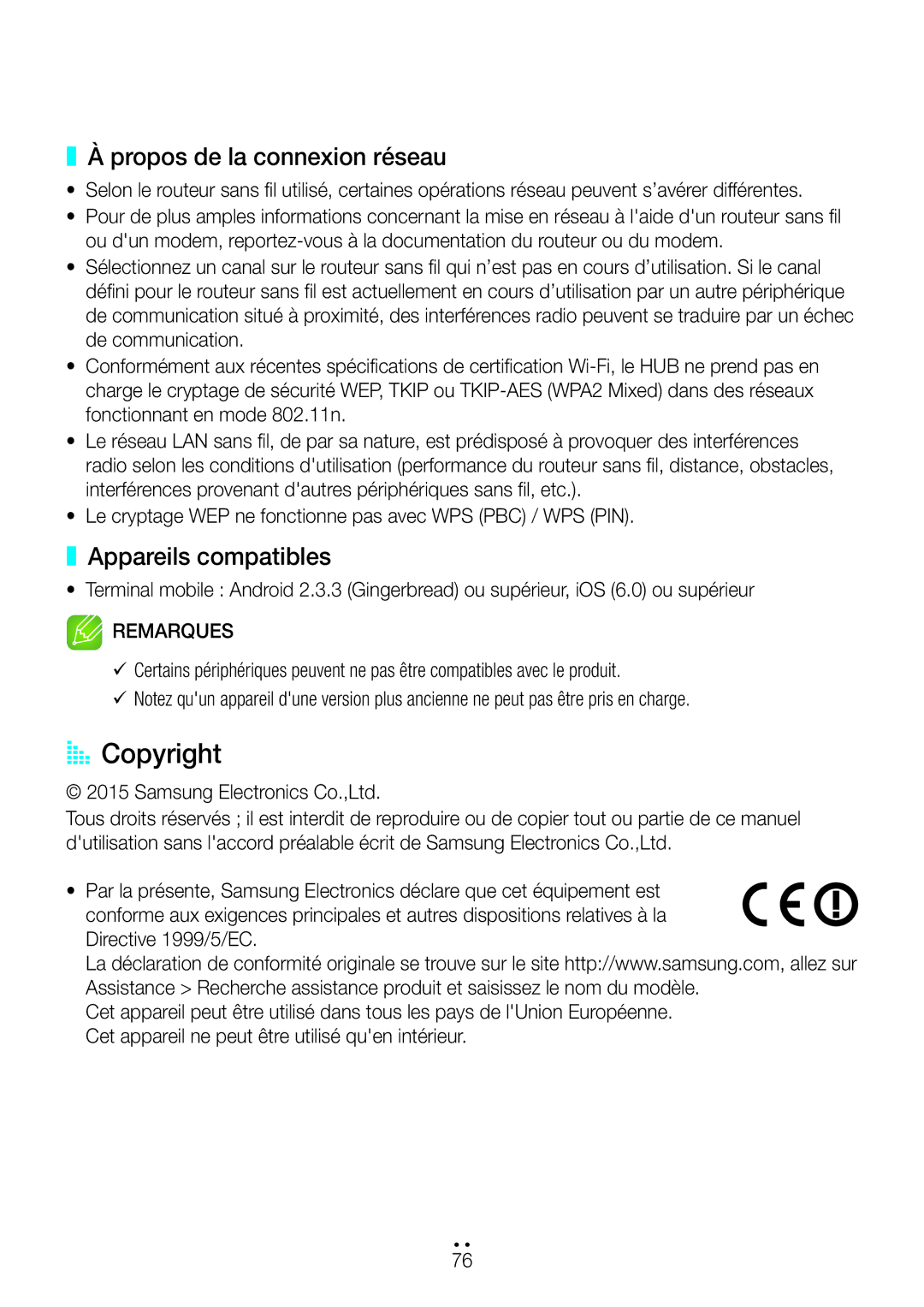 Samsung WAM550/ZF, WAM551/ZF, WAM751/ZF, WAM750/ZF manual AA Copyright, Propos de la connexion réseau, Appareils compatibles 