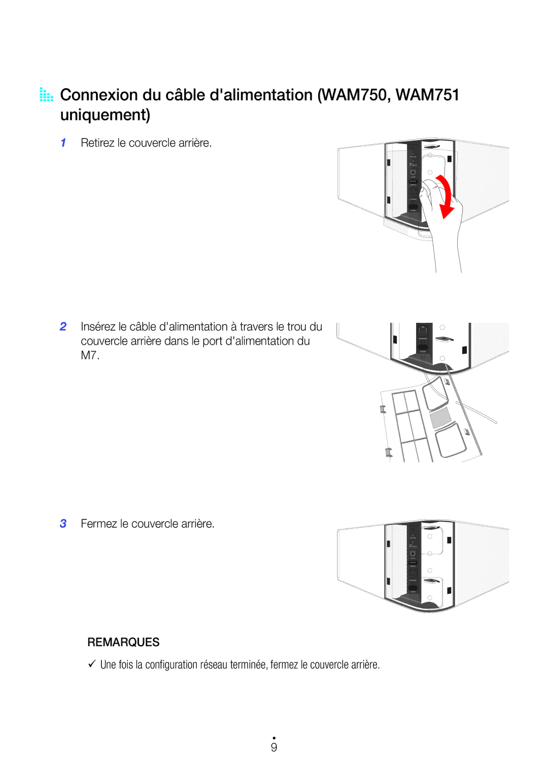 Samsung WAM351/ZF, WAM551/ZF, WAM751/ZF, WAM750/ZF, WAM550/ZF manual Retirez le couvercle arrière, Fermez le couvercle arrière 