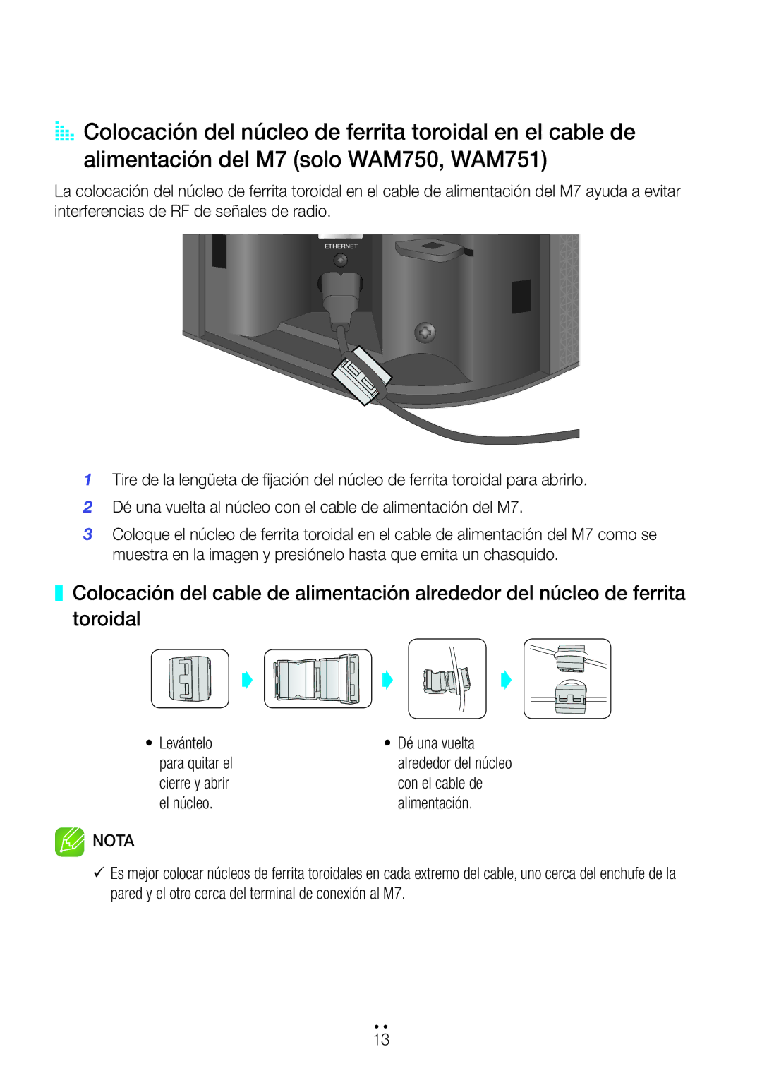 Samsung WAM751/ZF, WAM551/ZF Levántelo Dé una vuelta Para quitar el, Cierre y abrir Con el cable de El núcleo Alimentación 