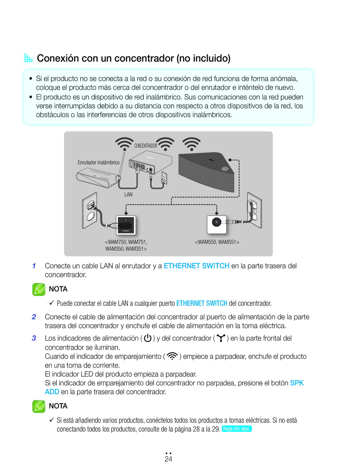 Samsung WAM551/ZF, WAM751/ZF, WAM750/ZF AA Conexión con un concentrador no incluido, Cuando el indicador de emparejamiento 