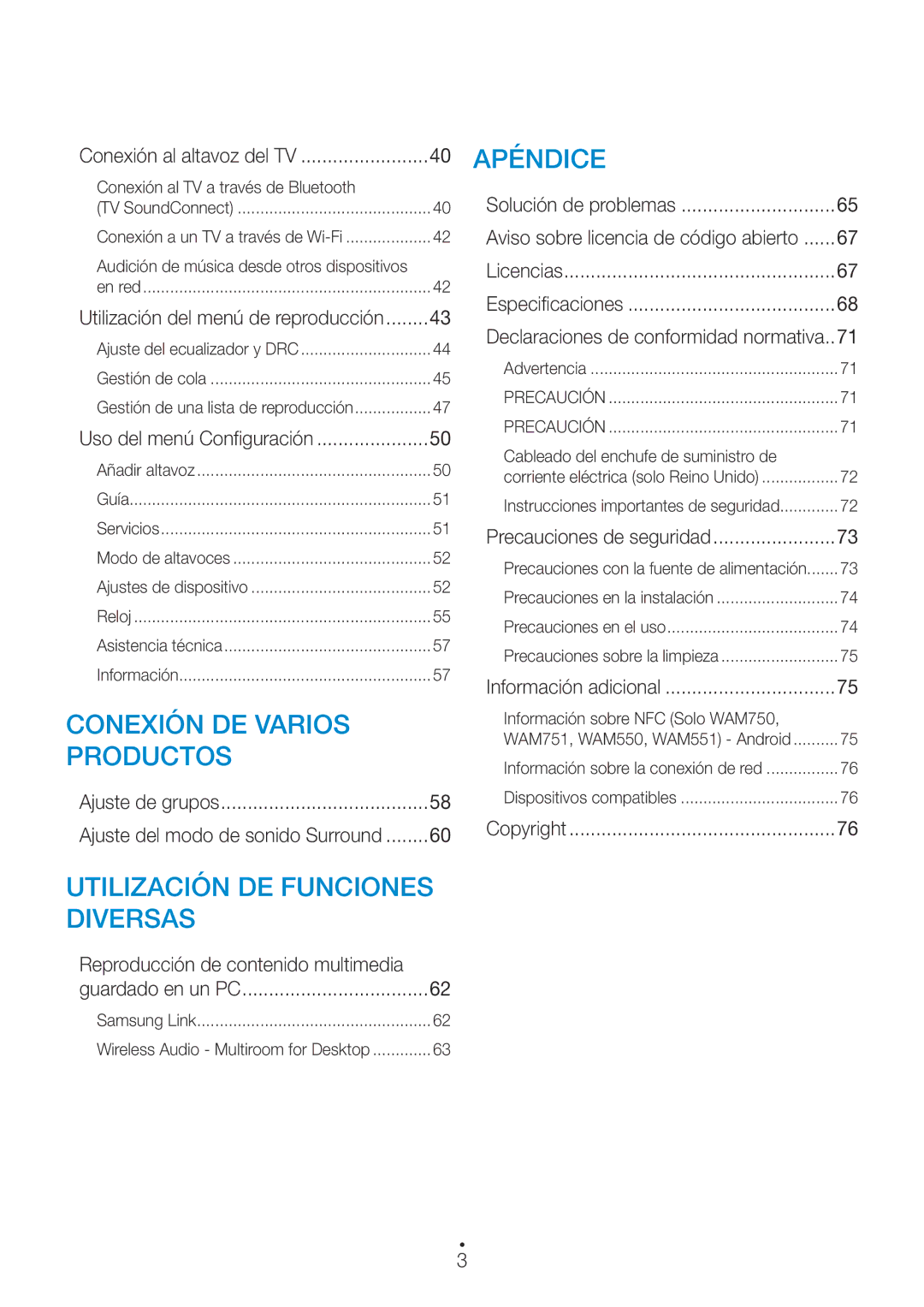 Samsung WAM351/ZF, WAM551/ZF, WAM751/ZF, WAM750/ZF manual Reproducción de contenido multimedia, Conexión al altavoz del TV 