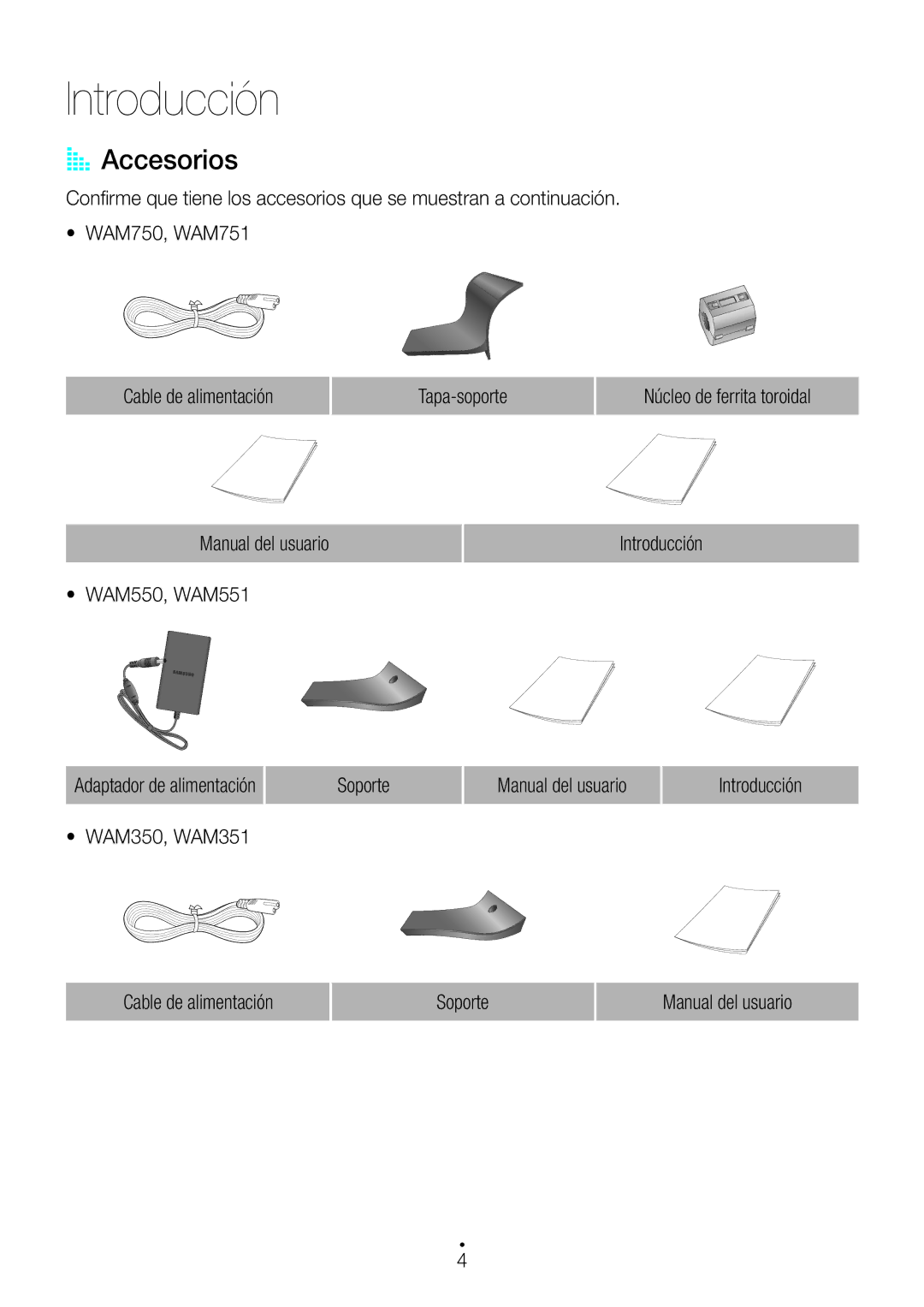 Samsung WAM550/ZF, WAM551/ZF, WAM751/ZF, WAM750/ZF, WAM351/ZF, WAM350/ZF manual Introducción, AA Accesorios 