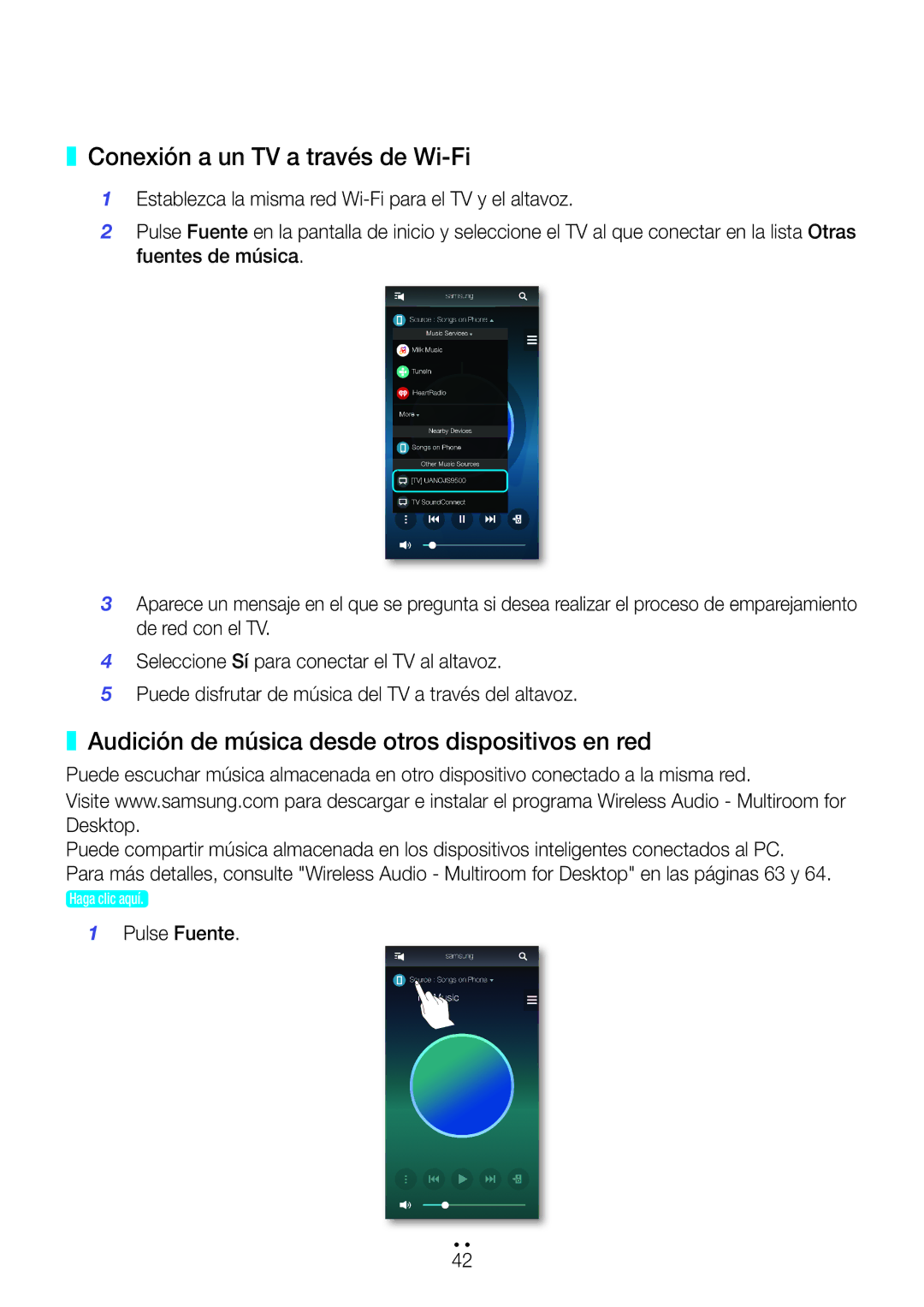 Samsung WAM551/ZF, WAM751/ZF manual Conexión a un TV a través de Wi-Fi, Audición de música desde otros dispositivos en red 