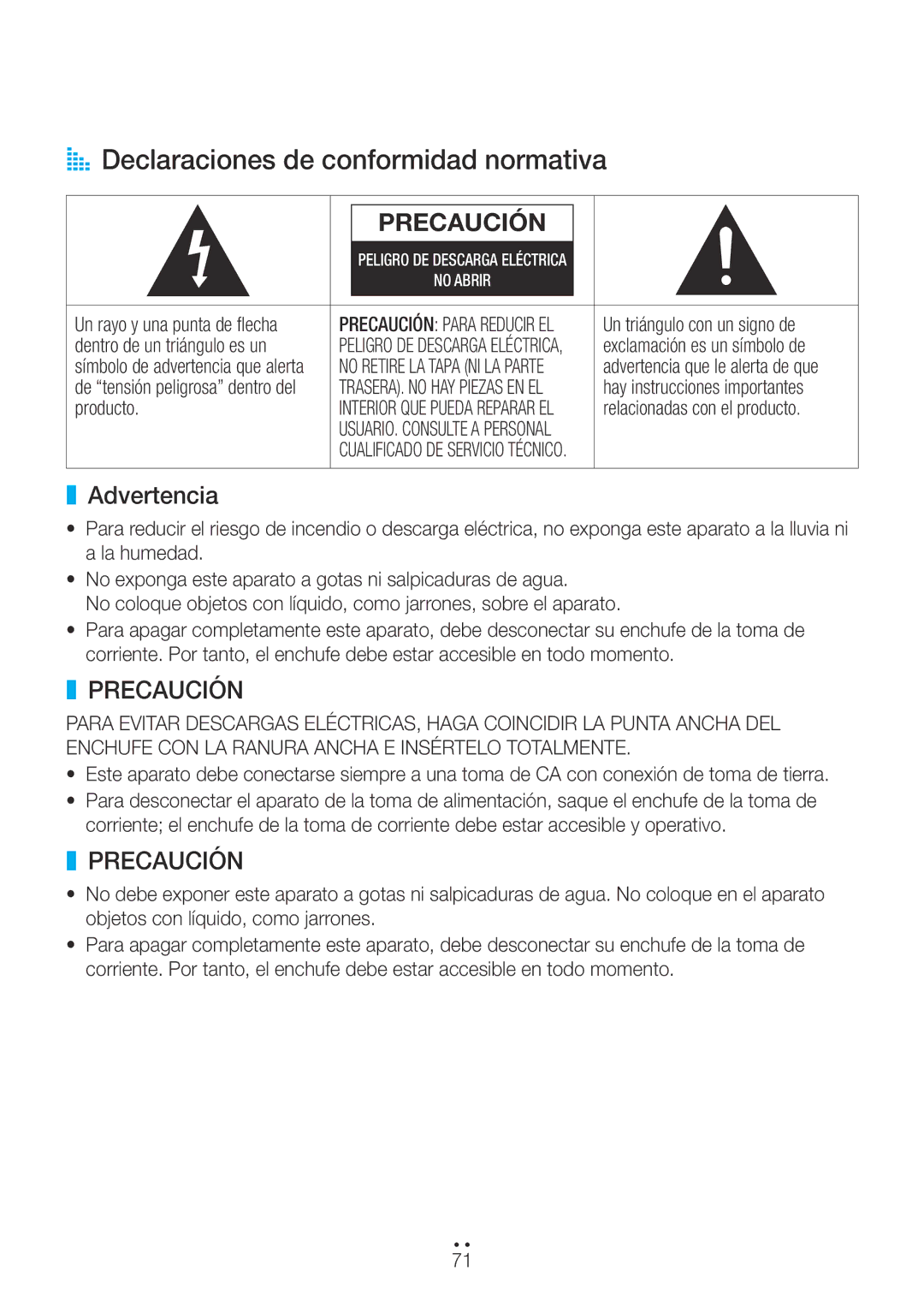 Samsung WAM350/ZF, WAM551/ZF, WAM751/ZF, WAM750/ZF, WAM351/ZF manual AA Declaraciones de conformidad normativa, Advertencia 