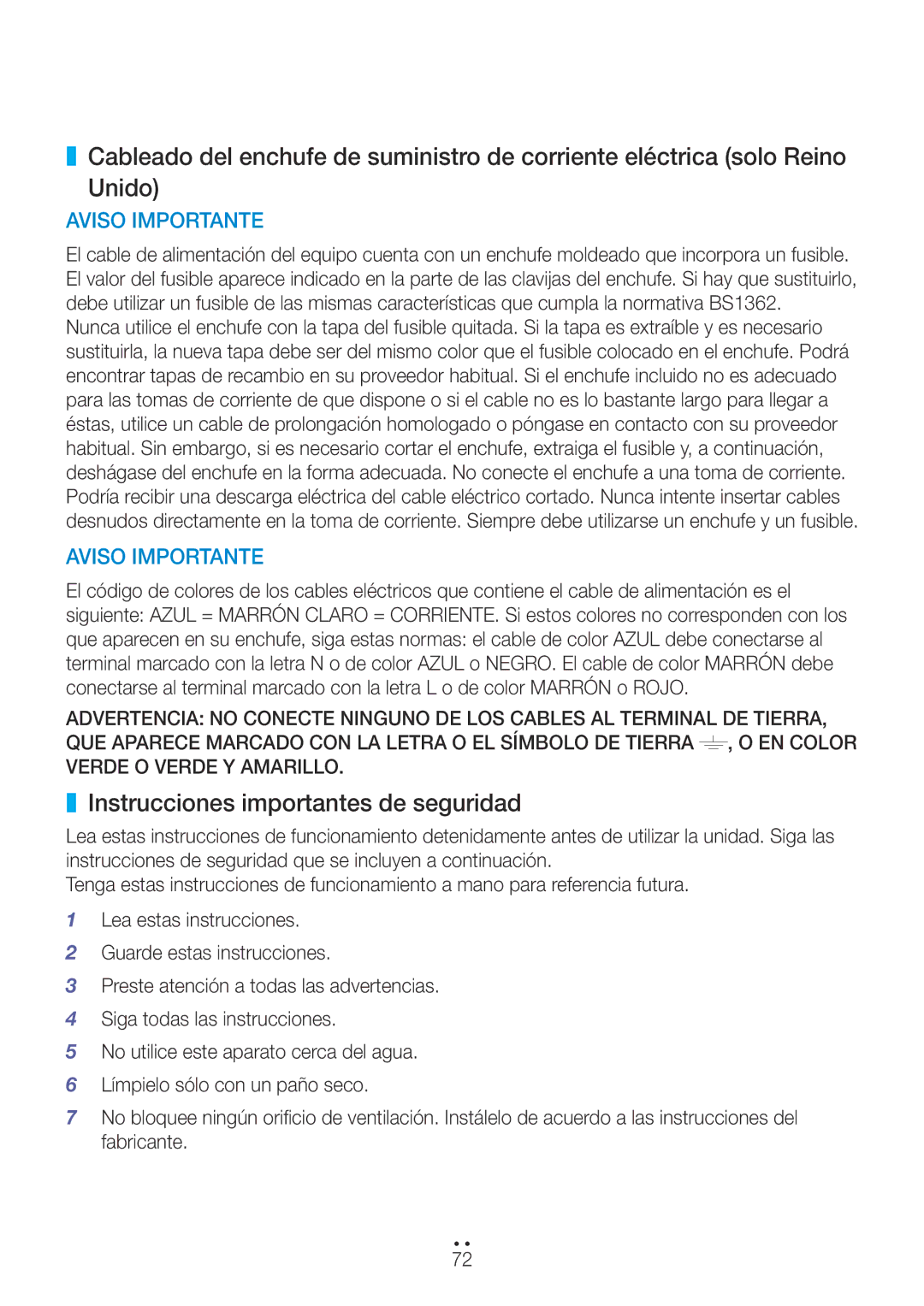 Samsung WAM551/ZF, WAM751/ZF, WAM750/ZF, WAM351/ZF, WAM550/ZF manual Instrucciones importantes de seguridad, Aviso Importante 