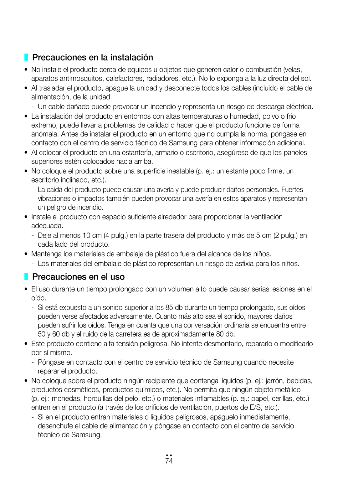 Samsung WAM750/ZF, WAM551/ZF, WAM751/ZF, WAM351/ZF, WAM550/ZF manual Precauciones en la instalación, Precauciones en el uso 