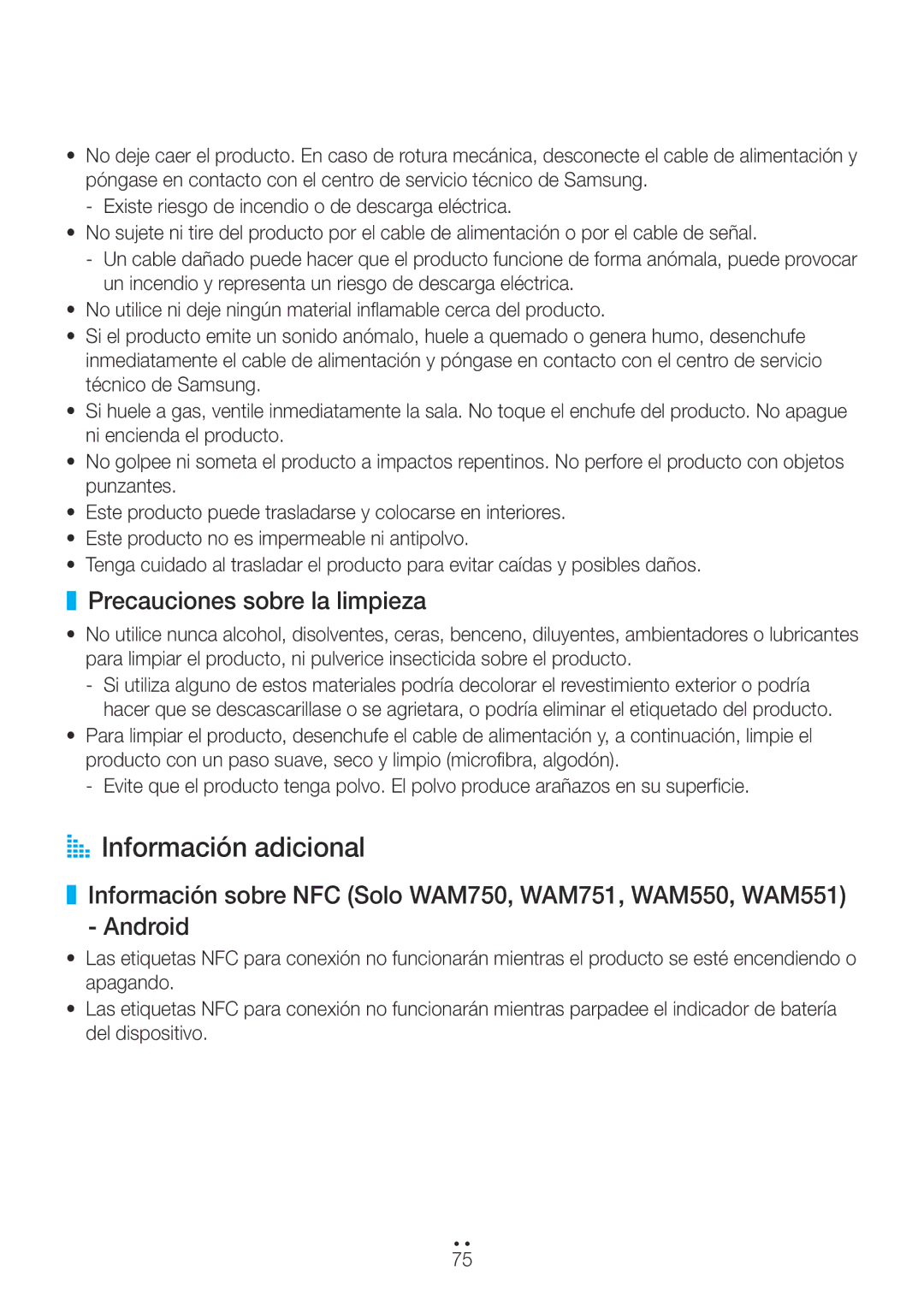 Samsung WAM351/ZF, WAM551/ZF, WAM751/ZF, WAM750/ZF, WAM550/ZF manual AA Información adicional, Precauciones sobre la limpieza 