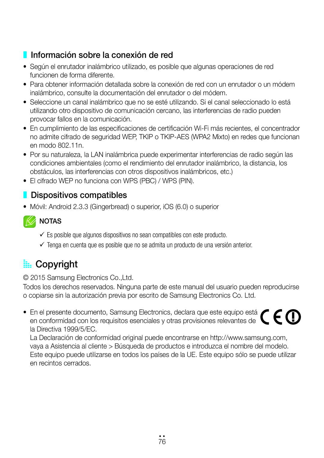 Samsung WAM550/ZF, WAM551/ZF, WAM751/ZF manual AA Copyright, Información sobre la conexión de red, Dispositivos compatibles 