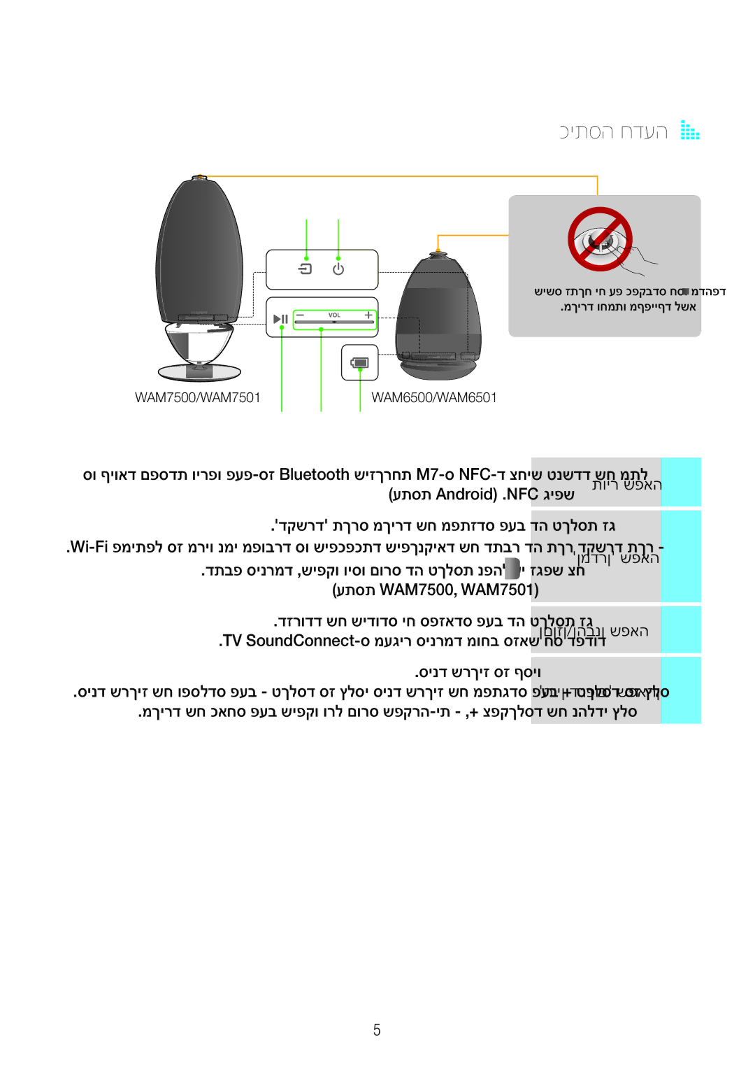 Samsung WAM6501/SQ, WAM6500/SQ, WAM7500/SQ, WAM7501/SQ manual ימדקה חולהA a 