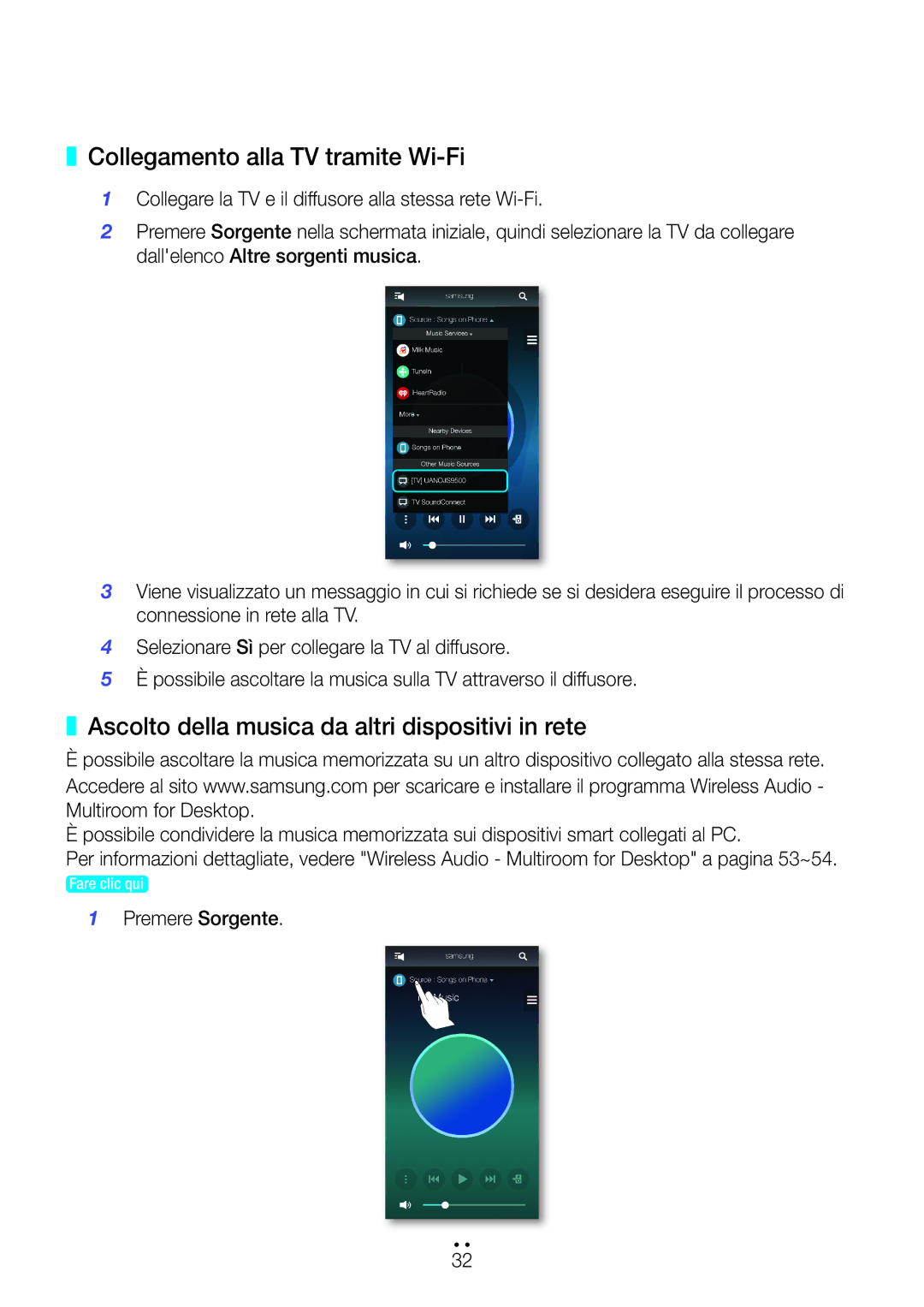 Samsung WAM6500/ZF, WAM7500/ZF manual Collegamento alla TV tramite Wi-Fi, Ascolto della musica da altri dispositivi in rete 