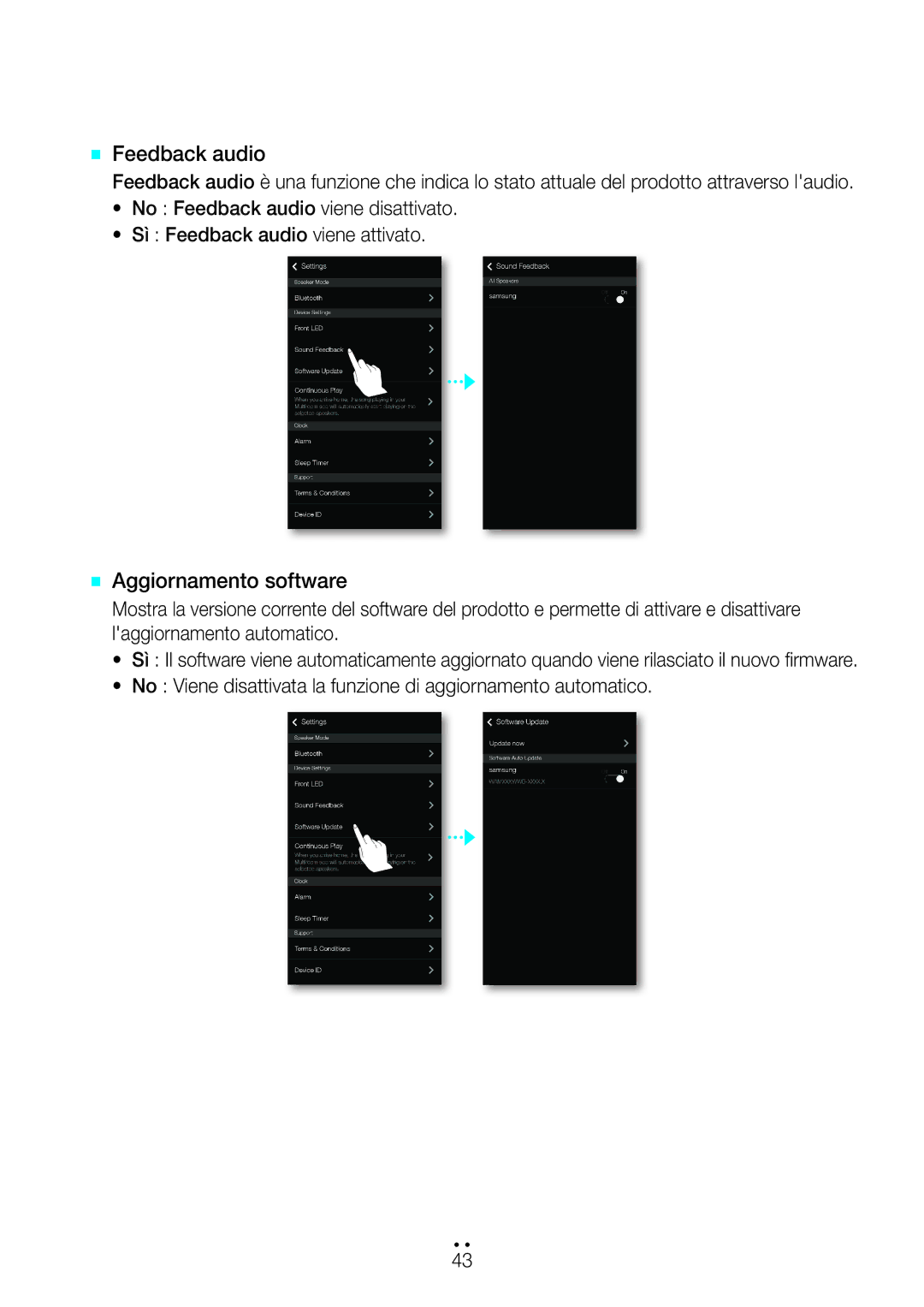 Samsung WAM7500/ZF, WAM6500/ZF manual `` Feedback audio, `` Aggiornamento software 