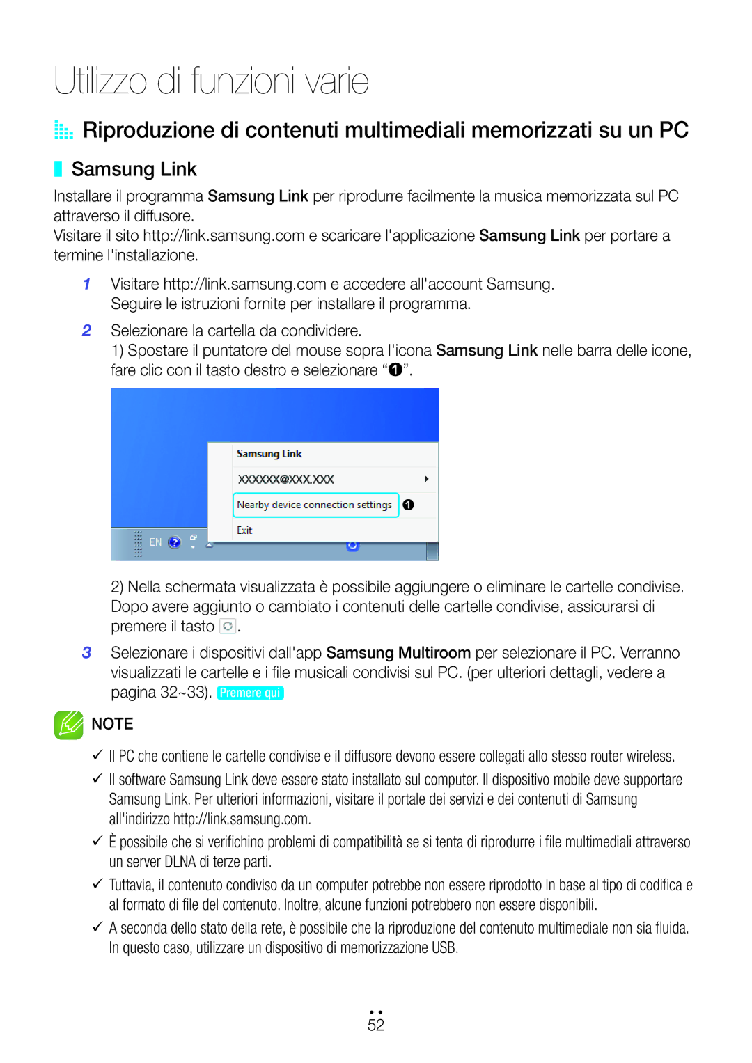 Samsung WAM6500/ZF, WAM7500/ZF manual Utilizzo di funzioni varie, Samsung Link 