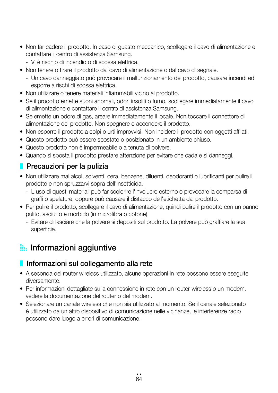 Samsung WAM6500/ZF manual AA Informazioni aggiuntive, Precauzioni per la pulizia, Informazioni sul collegamento alla rete 