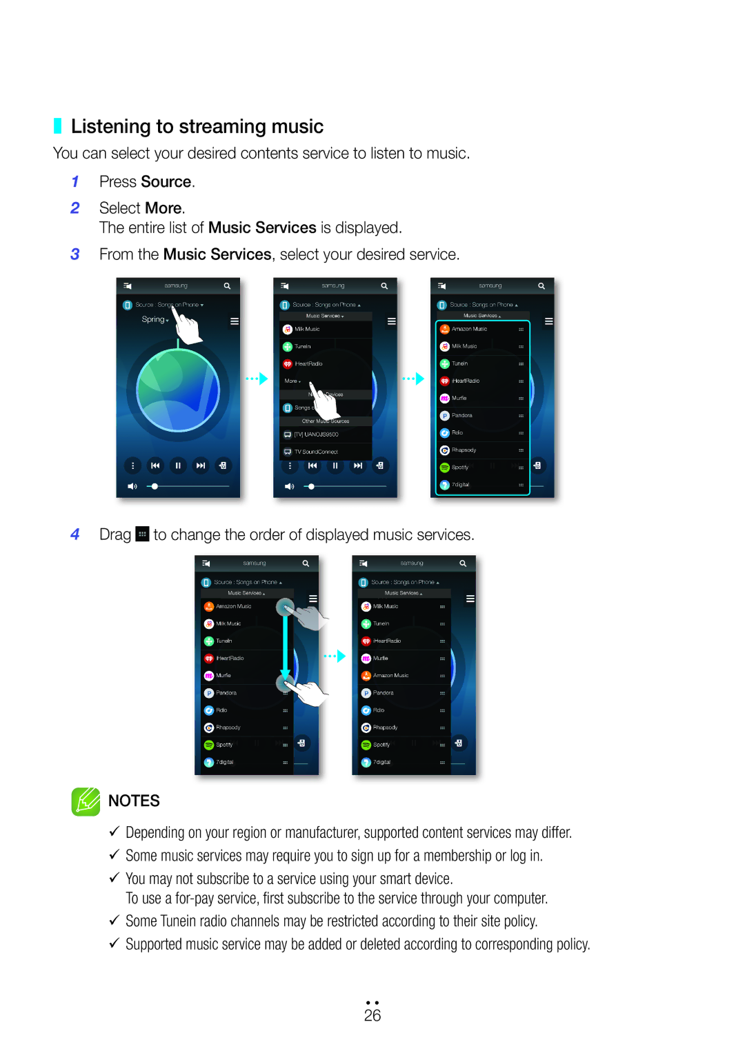 Samsung WAM7501/ZN, WAM6500/ZN Listening to streaming music, 99You may not subscribe to a service using your smart device 