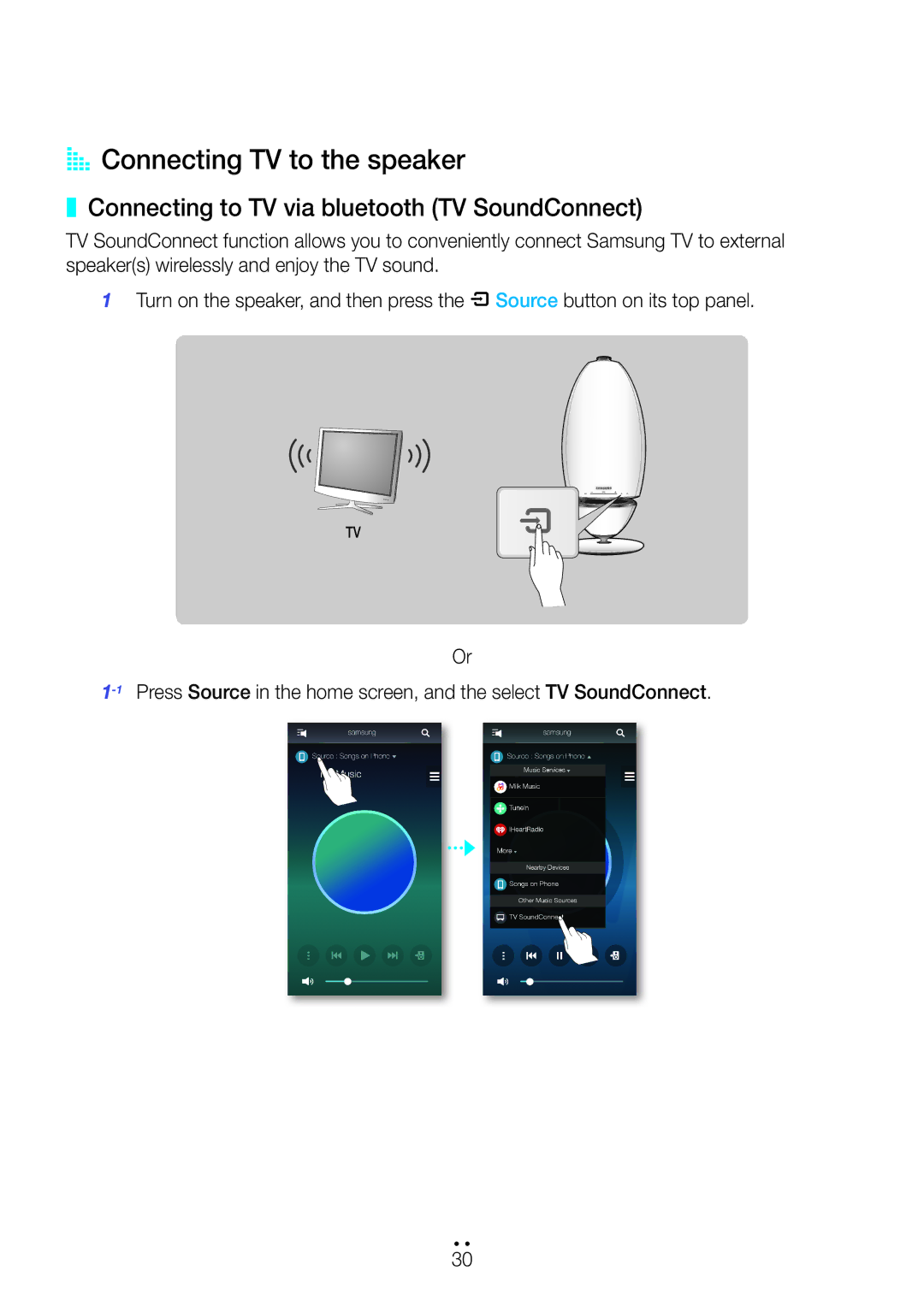 Samsung WAM7501/ZN, WAM6500/ZN, WAM6501/ZN AA Connecting TV to the speaker, Connecting to TV via bluetooth TV SoundConnect 