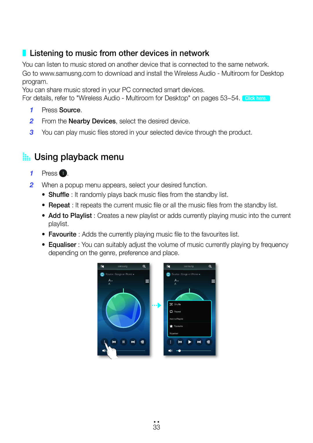 Samsung WAM6501/ZN, WAM6500/ZN, WAM7501/ZN manual AA Using playback menu, Listening to music from other devices in network 