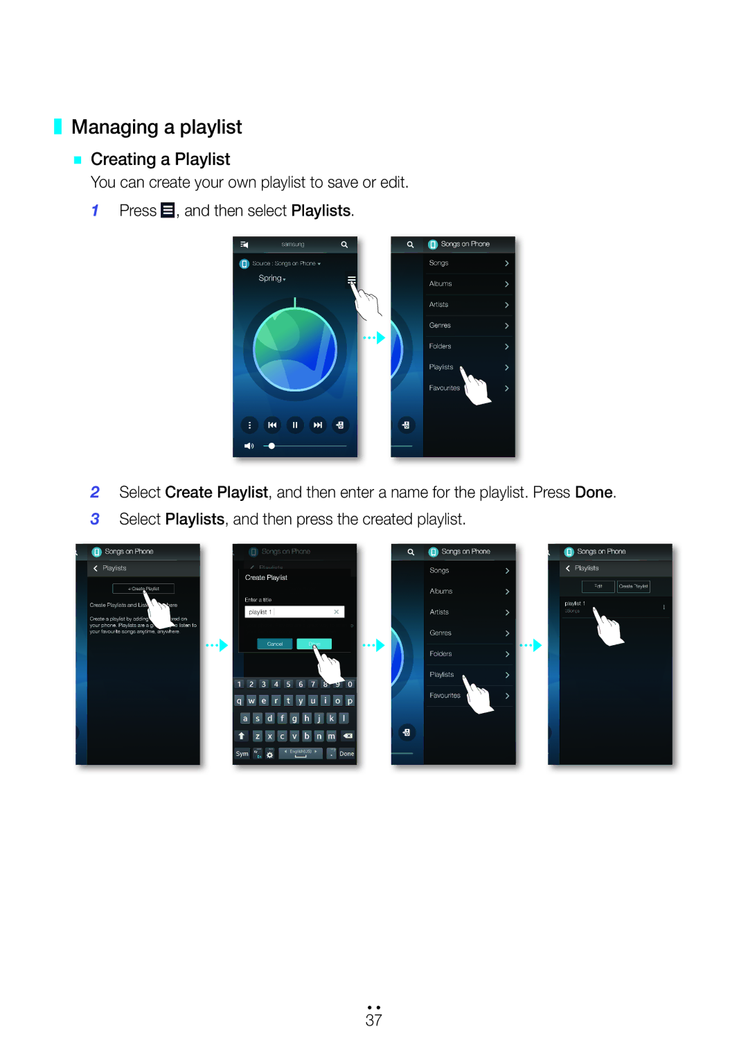 Samsung WAM6501/ZN, WAM6500/ZN, WAM7501/ZN, WAM7500/ZN manual Managing a playlist `` Creating a Playlist 