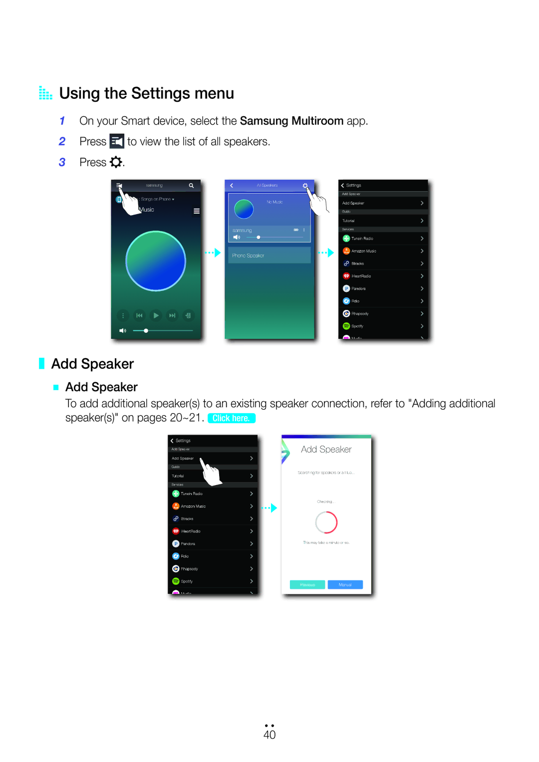 Samsung WAM6500/ZN, WAM6501/ZN, WAM7501/ZN, WAM7500/ZN manual AA Using the Settings menu, `` Add Speaker 