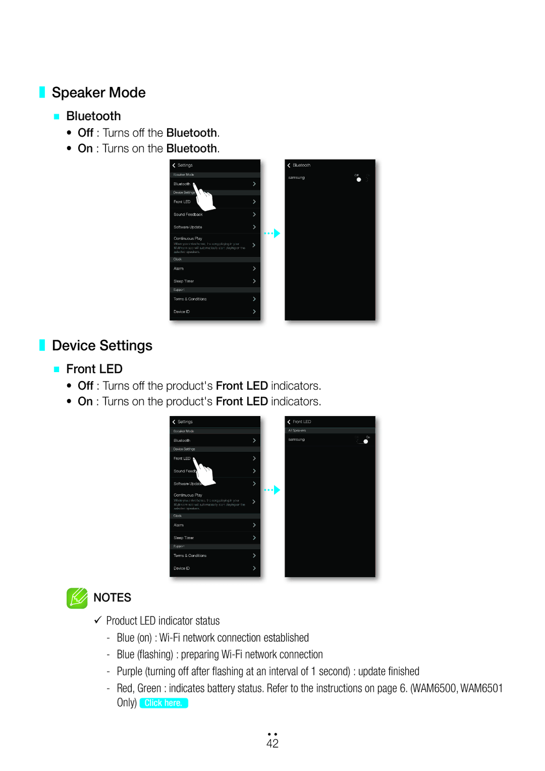 Samsung WAM7501/ZN, WAM6500/ZN, WAM6501/ZN, WAM7500/ZN manual Speaker Mode, Device Settings, `` Bluetooth, `` Front LED 